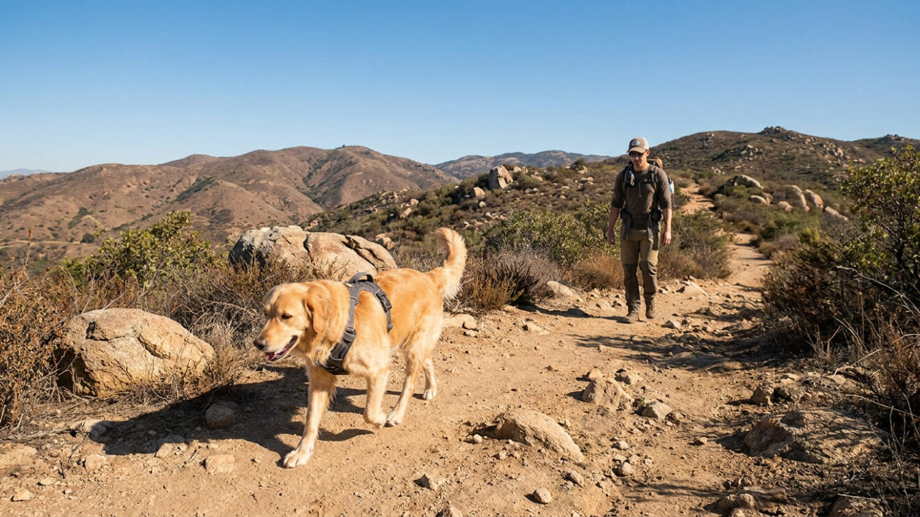 Durable dog harnesses for rugged California trails