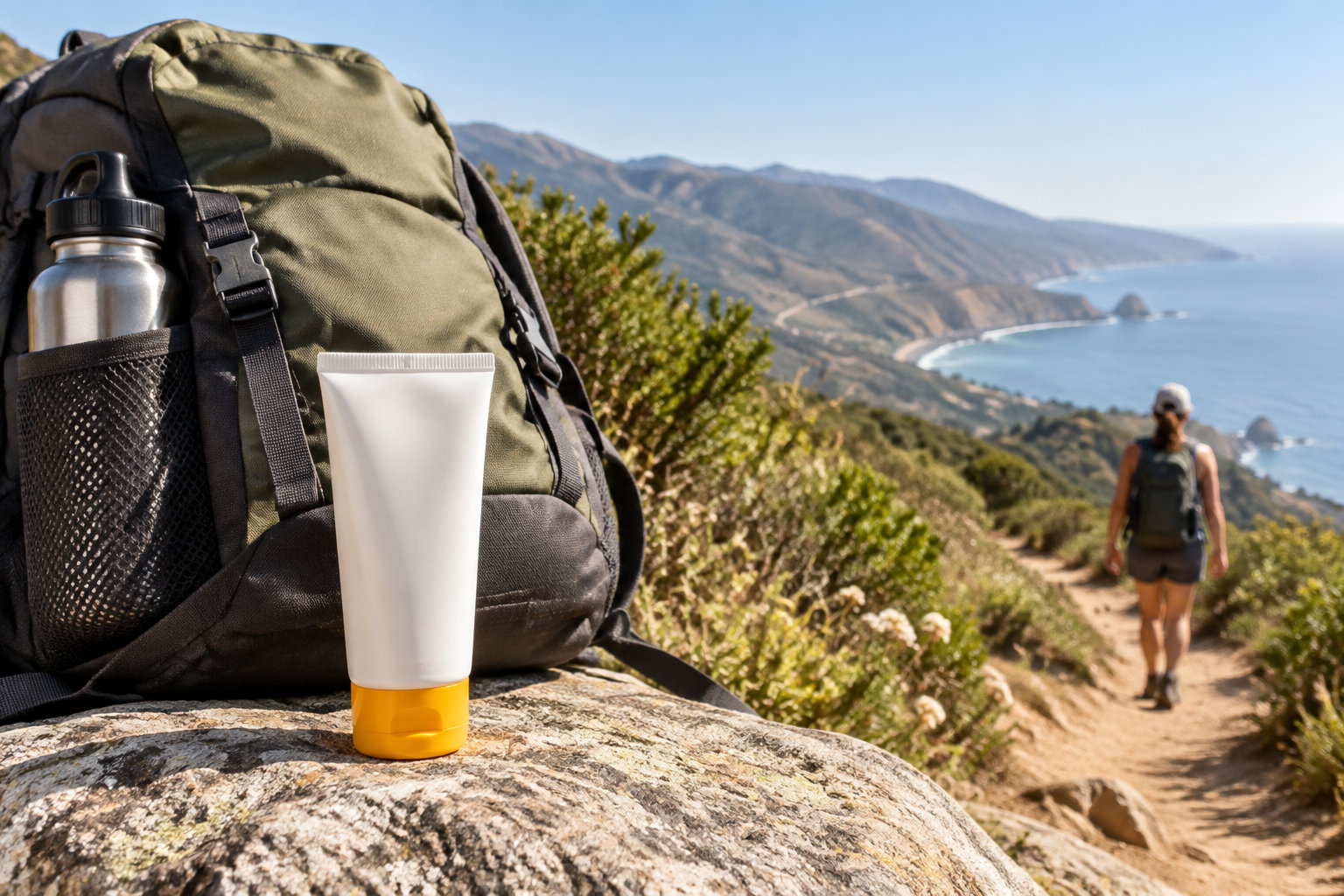 A blank white tube with an orange cap stands beside a backpack and water bottle on a rock, while a hiker walks along a coastal trail.