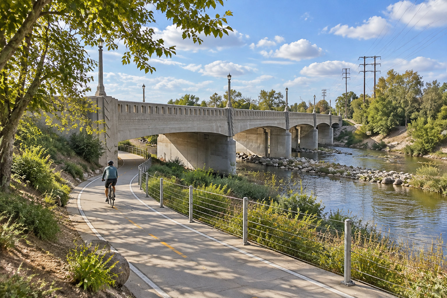 A cyclist rides along a paved riverside path beneath a concrete bridge, surrounded by trees and greenery.
