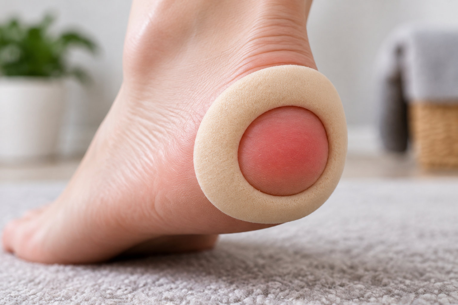 A close-up of a foot with a beige padded ring around a red, irritated spot on the heel.