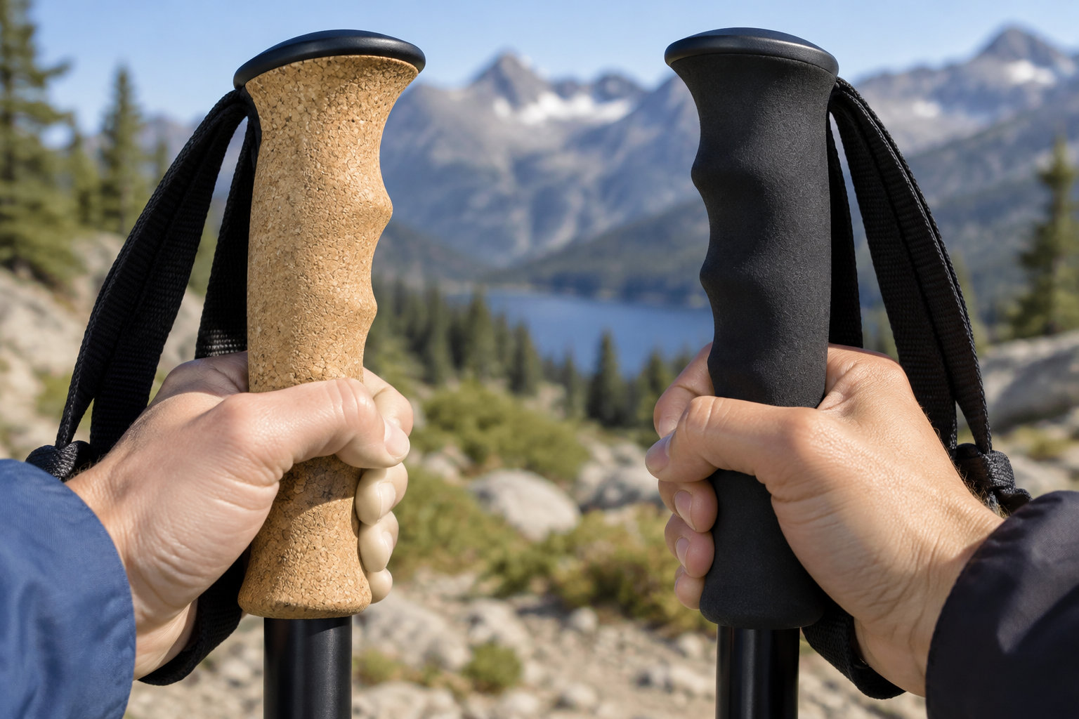 A person holds two trekking poles with cork and black foam grips against a mountain lake and forest backdrop.
