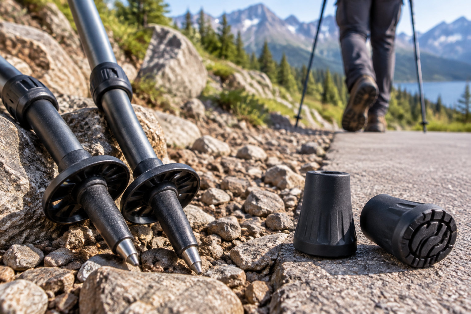 Two trekking poles and their rubber tips lie on a rocky mountain trail as a hiker walks away with poles in the background.