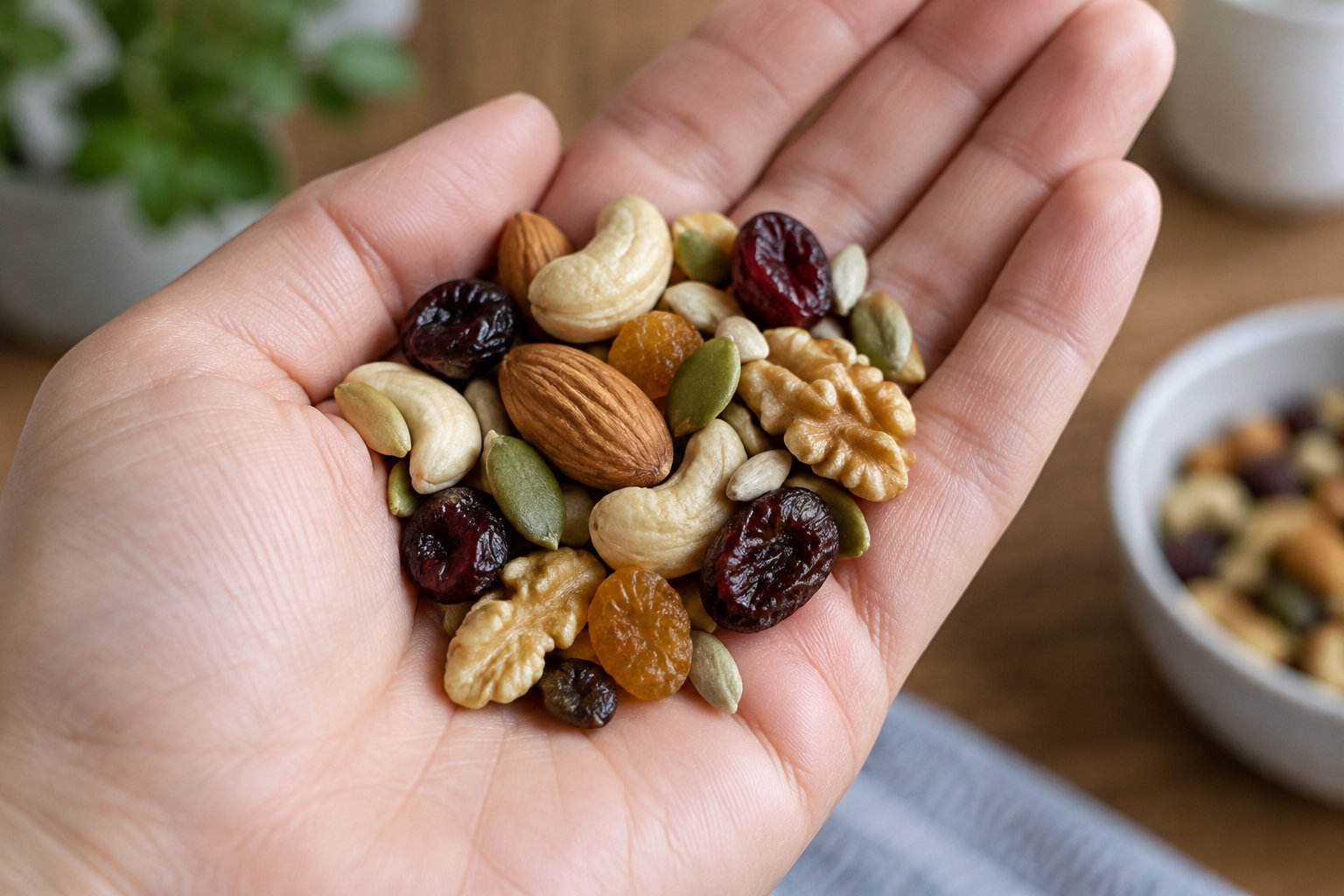 An open hand holds a mix of nuts, seeds, and dried fruit, with a bowl of the mixture nearby.