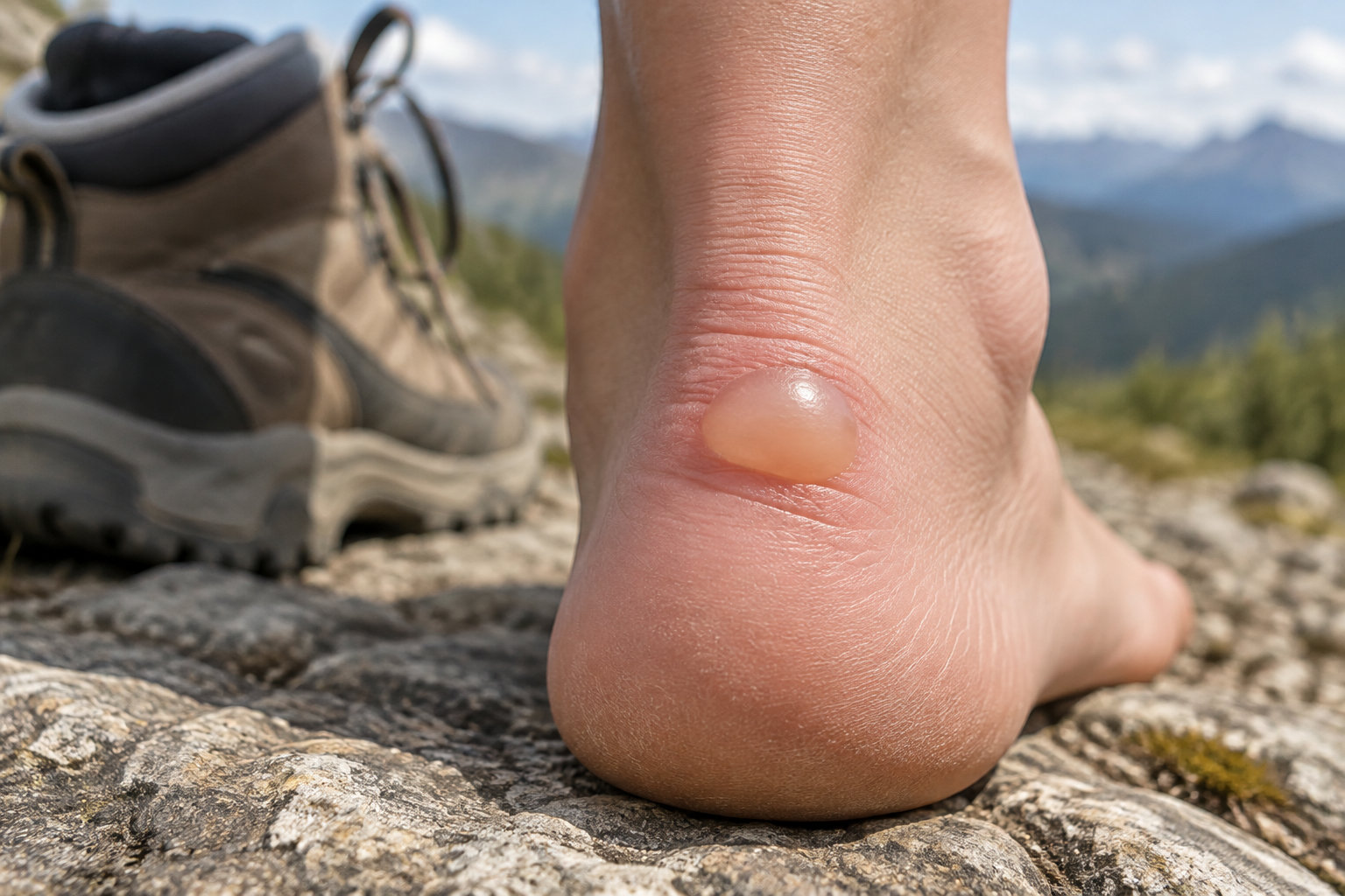 A close-up of a foot with a large blister on the heel, resting on a rocky trail beside hiking boots, with mountains in the background.