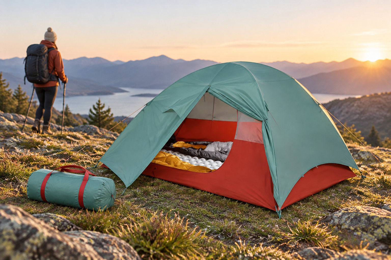 A hiker walks away from a tent pitched on a rocky mountainside overlooking a lake at sunset.