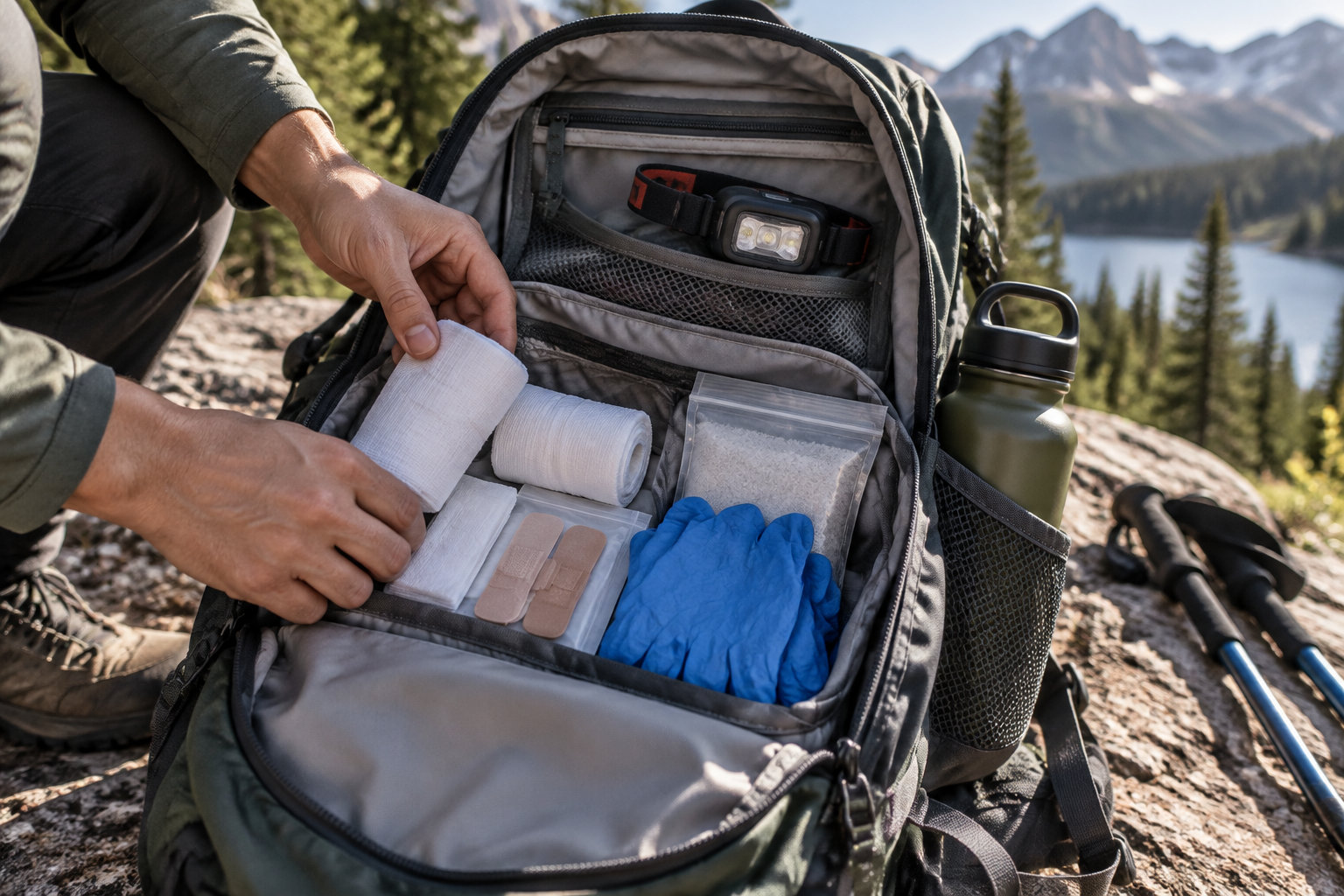 A hiker arranges gauze, bandages, gloves, and other first-aid supplies in an open backpack beside a water bottle and trekking poles on a rocky mountain trail.