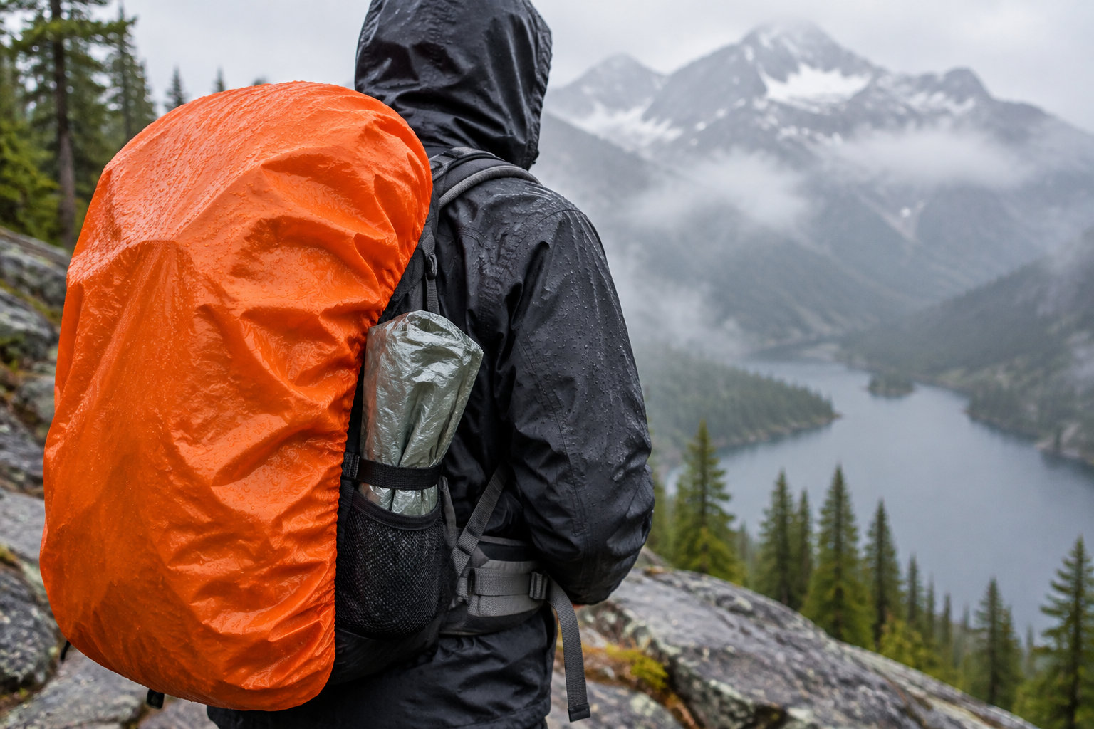 A hooded hiker wearing a black rain jacket and carrying a backpack with a bright orange rain cover stands overlooking a misty mountain lake.