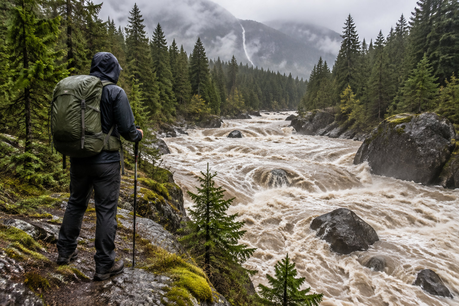 A hooded hiker with a large backpack stands beside a raging, rock-strewn river in a dense conifer forest, with misty mountains in the background.