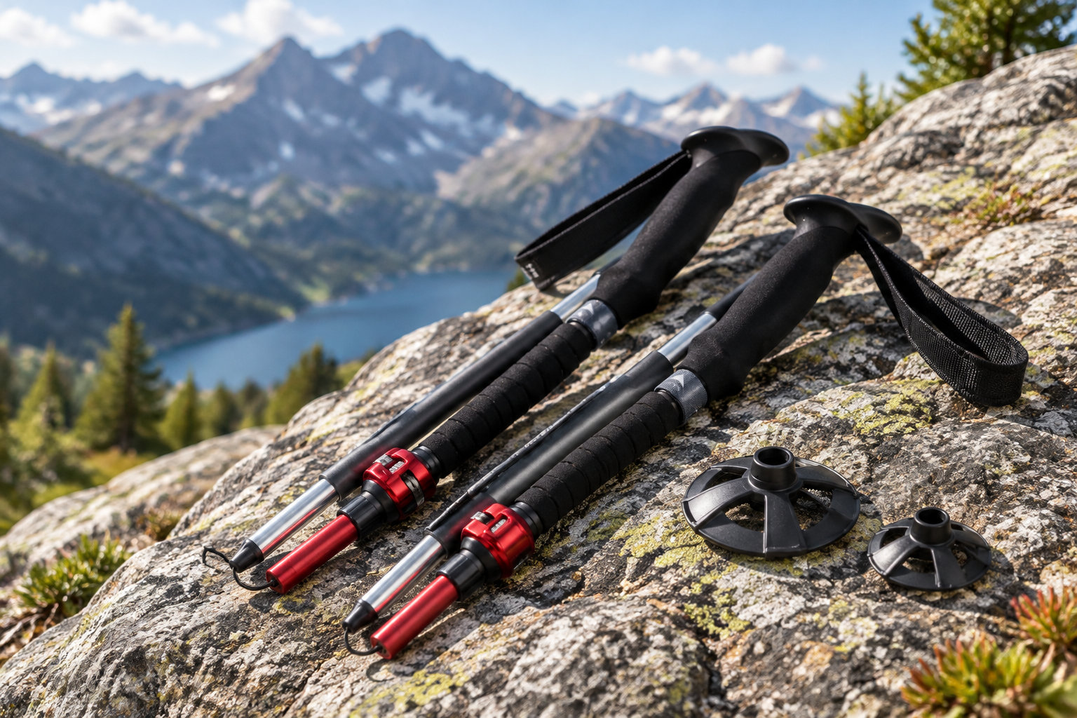 Two black-and-red trekking poles and two black baskets rest on a rocky mountainside overlooking a lake and mountain range.