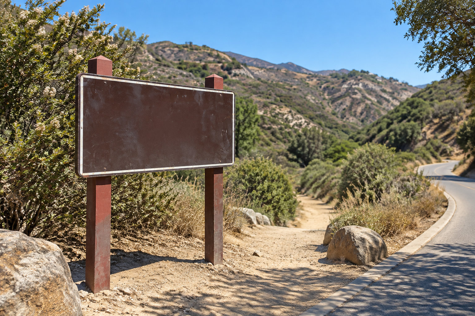 A blank brown sign stands beside a dirt trail and a winding road in a dry, mountainous landscape.