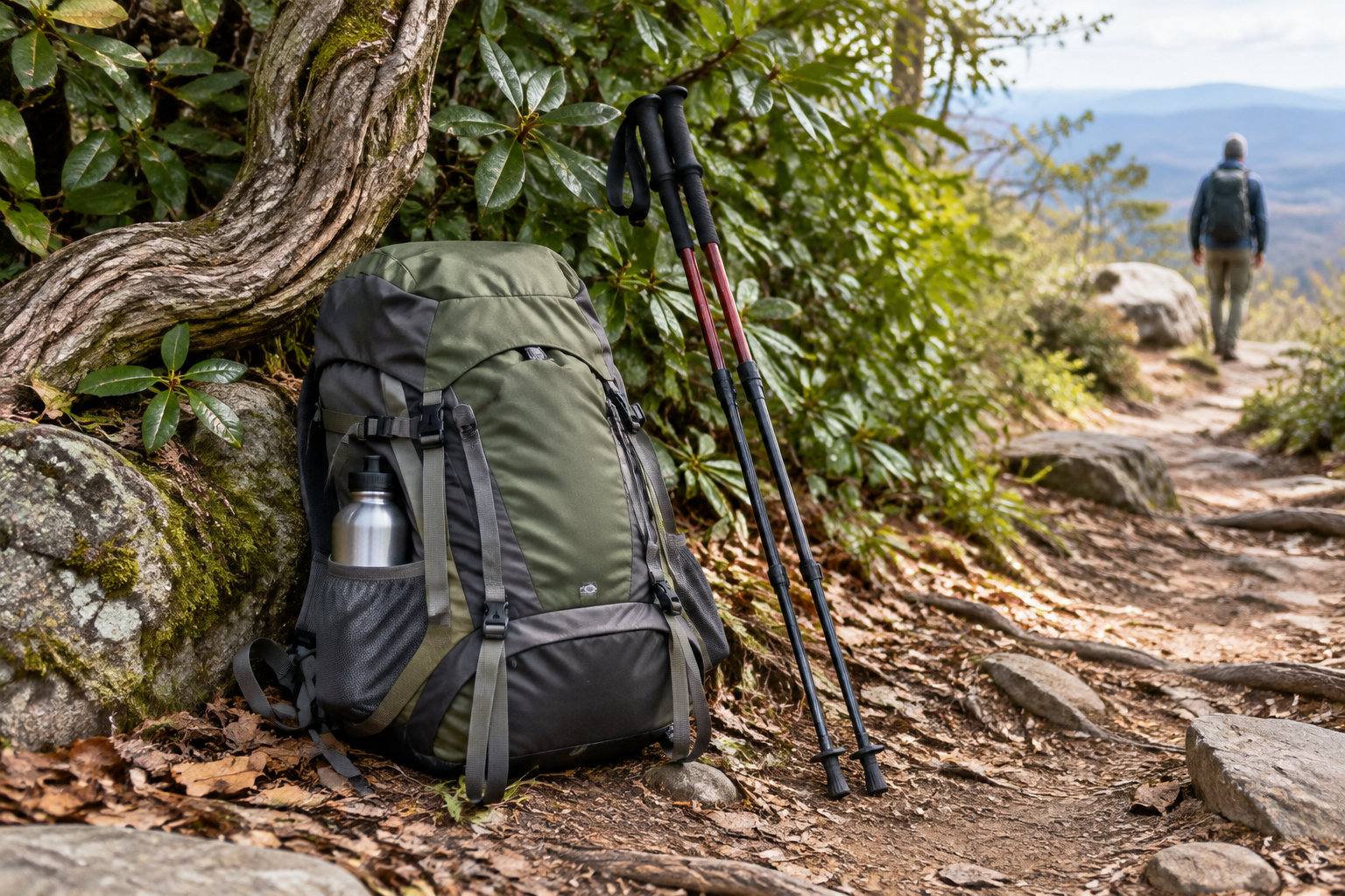 A large hiking backpack and a pair of trekking poles rest beside a rocky forest trail as a hiker walks away in the distance.