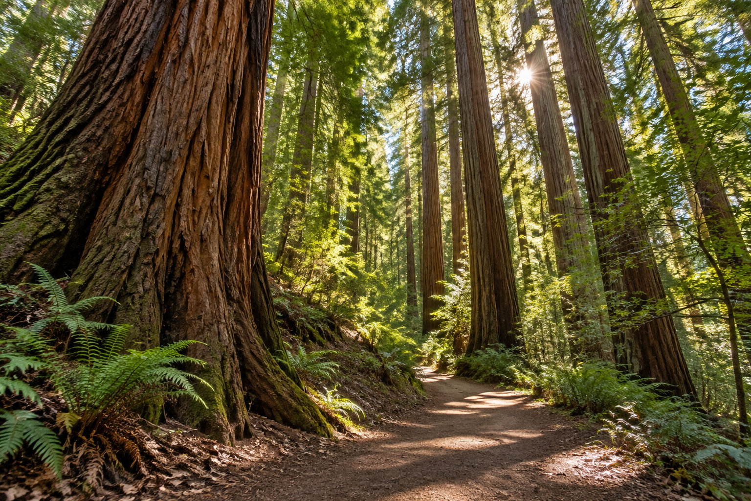 A sunlit dirt trail winds through a forest of towering trees and green ferns.