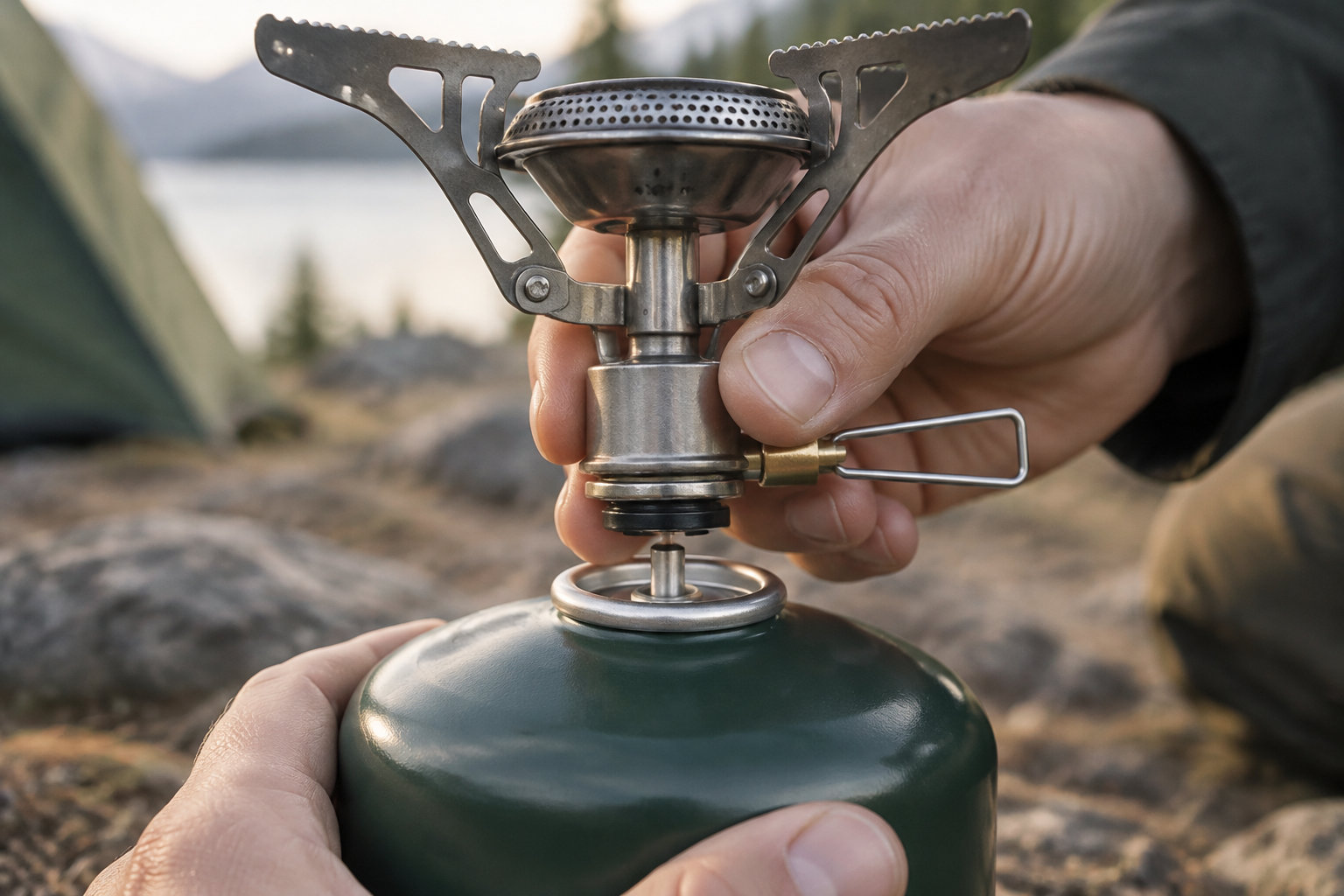 A person attaches a compact metal camping stove to a green fuel canister outdoors.