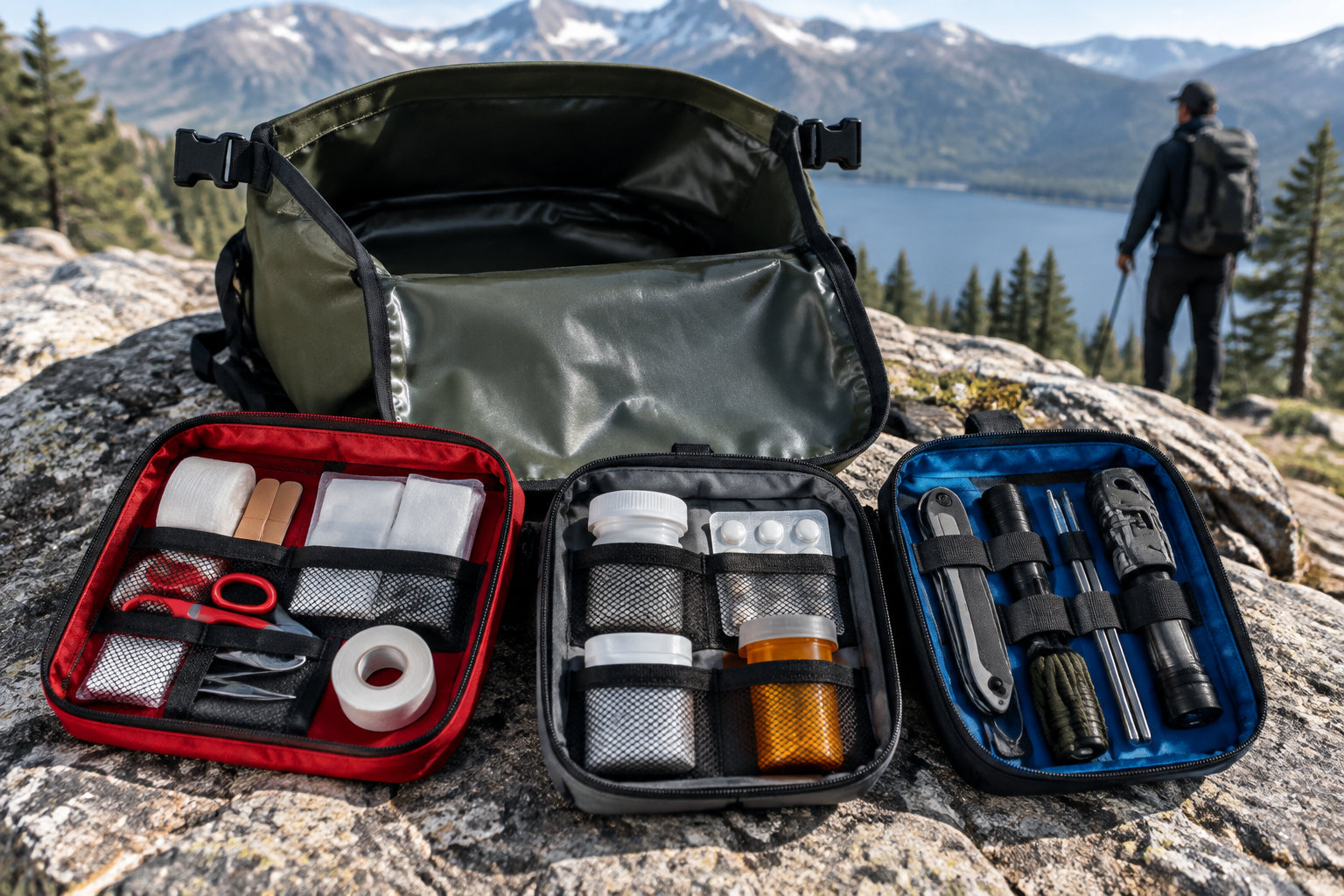 Open medical and repair kits are arranged on a rocky overlook, with a hiker standing above a mountain lake in the background.