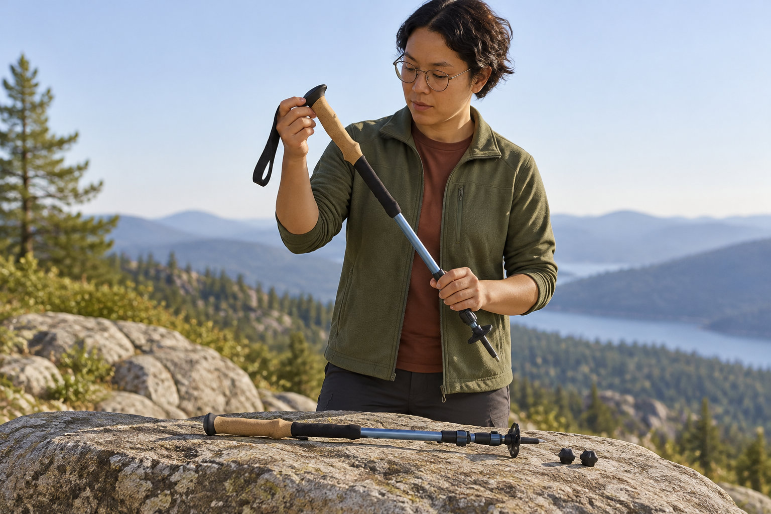 A person examines a trekking pole beside another pole and two small attachments resting on a rock, with a mountain lake and forested hills in the background.