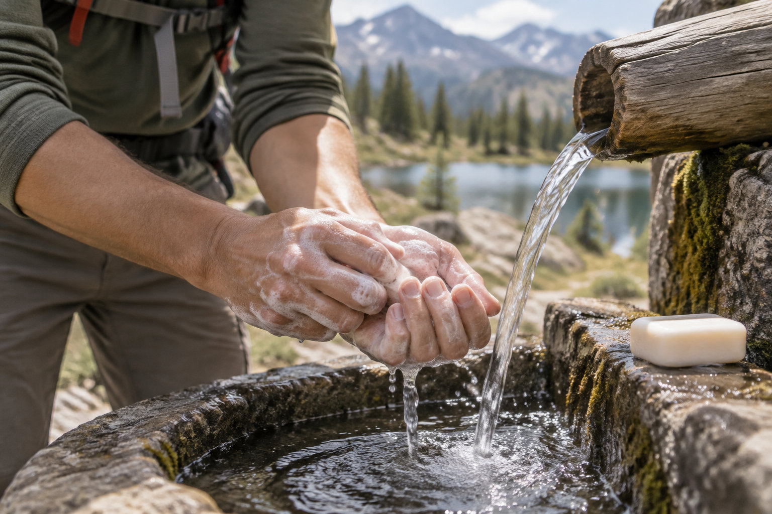 A person washes their soapy hands at a stone basin fed by a wooden spout, with a bar of soap beside it and a mountain lake in the background.
