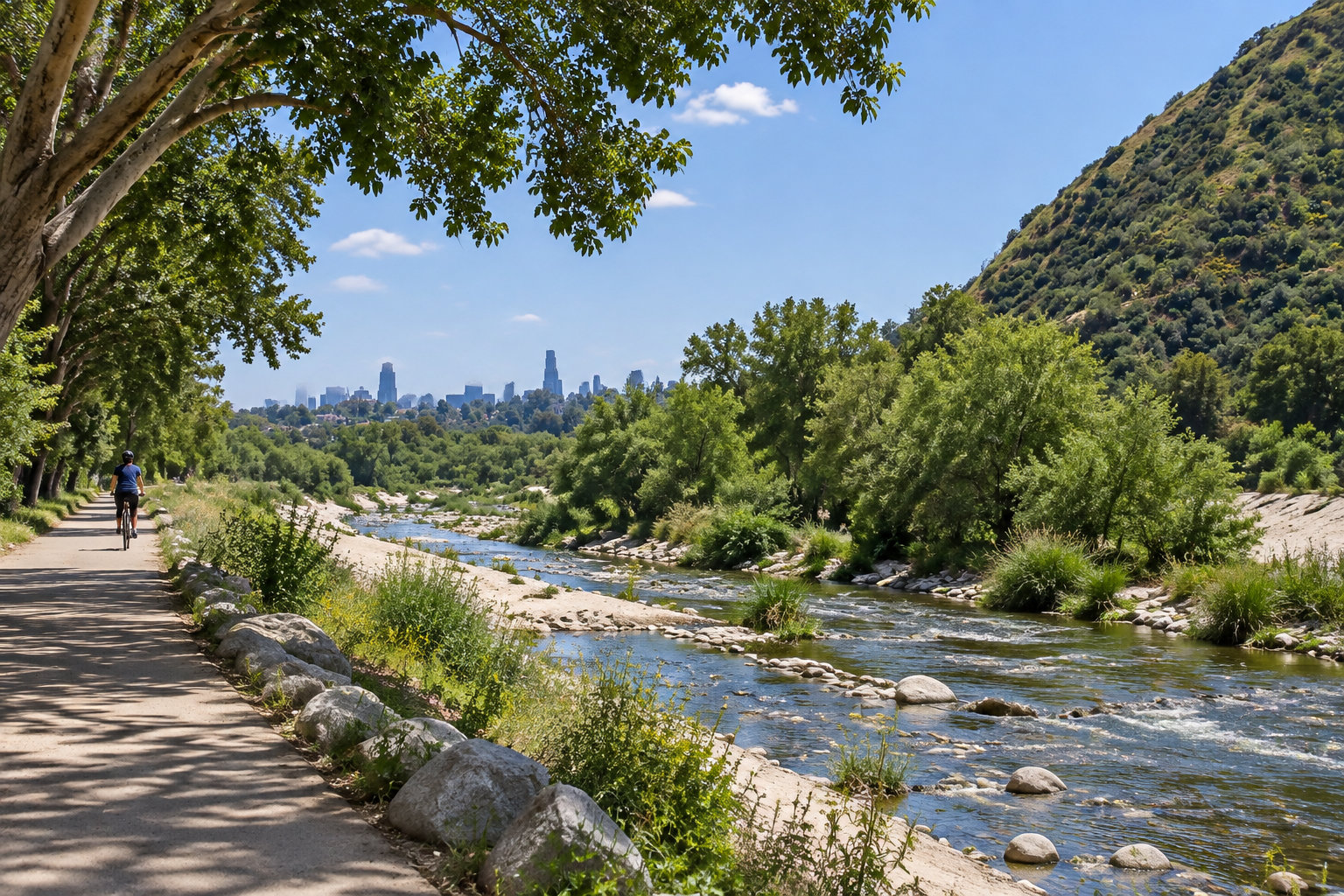 A cyclist rides along a shaded riverside path beside a rocky stream, with trees, a hillside, and a distant city skyline under a clear blue sky.