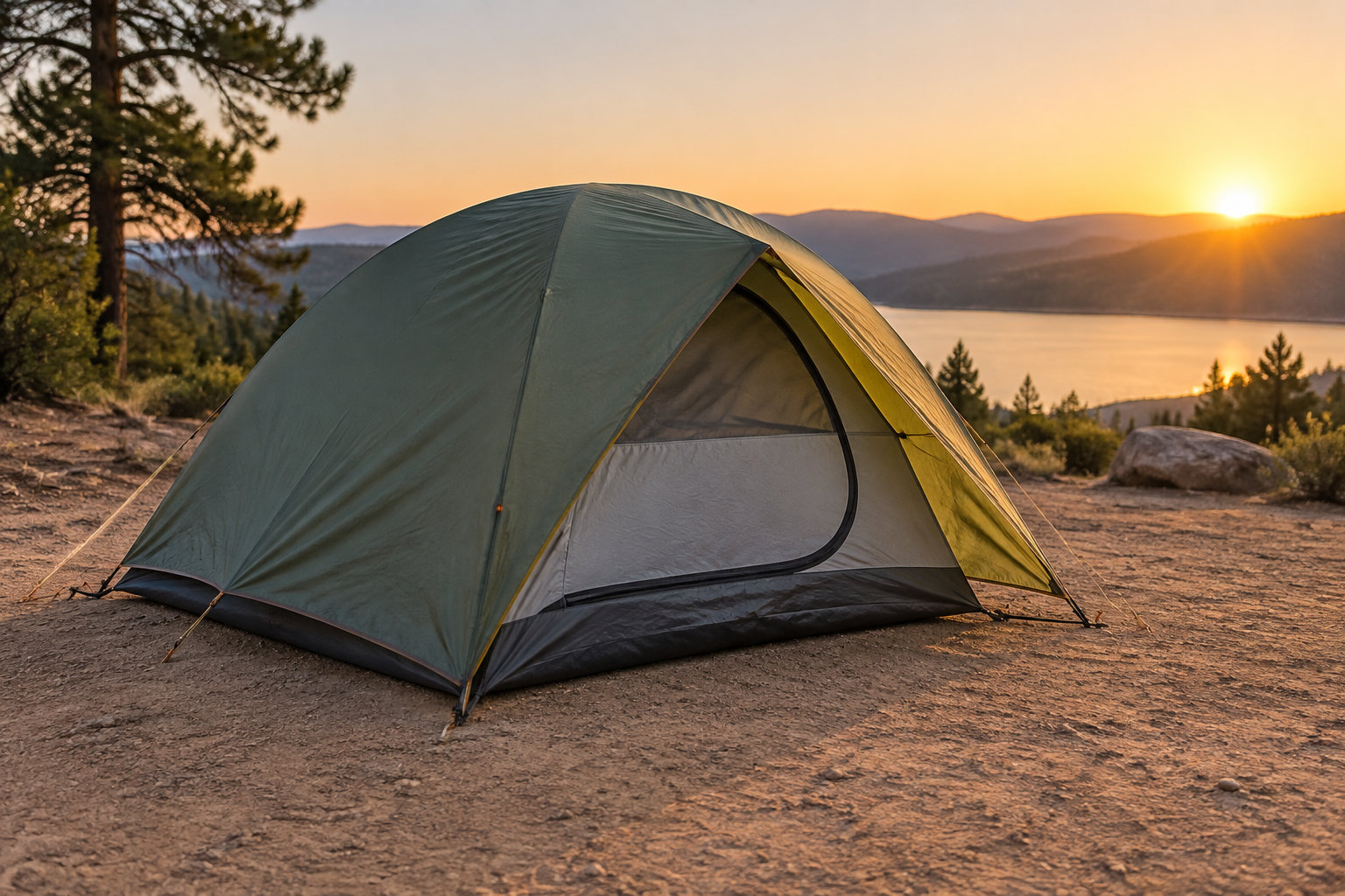 A green tent stands on a rocky lakeshore at sunset, with trees and distant mountains in the background.
