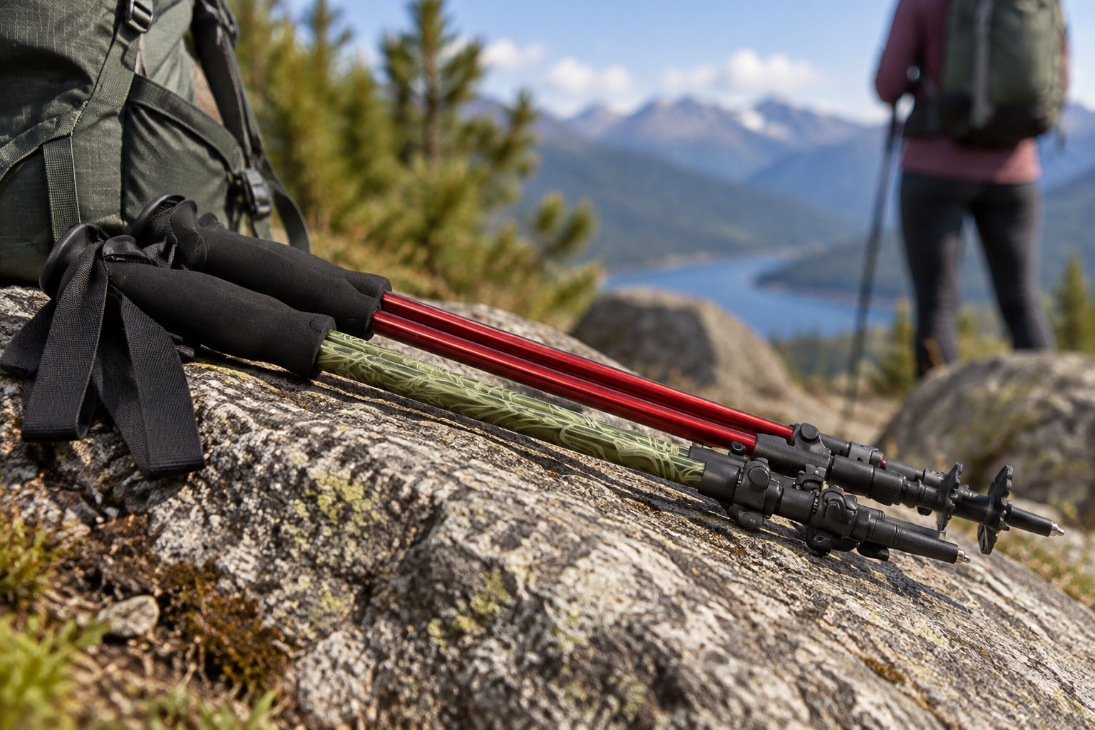 Trekking poles rest on a rocky outcrop beside a backpack, with a hiker and a mountain lake in the background.