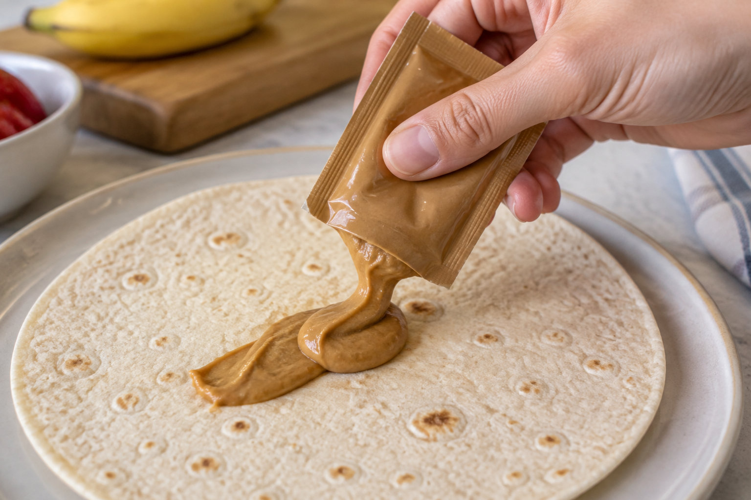 A hand squeezes brown spread from a small packet onto a tortilla on a plate.
