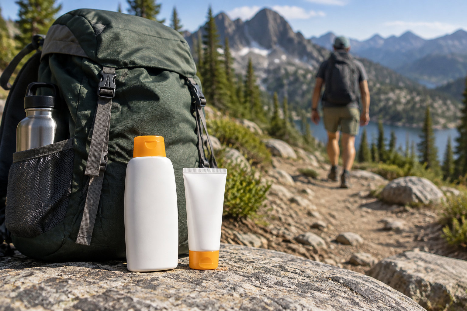 A hiking backpack, metal water bottle, and two unlabeled containers sit on a rock beside a mountain trail, with a hiker walking toward a lake and mountains.