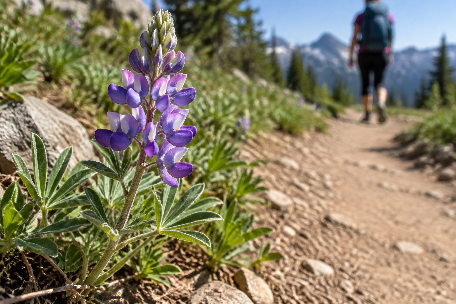 A purple wildflower in sharp focus beside a rocky mountain trail, with a hiker and distant mountains blurred in the background.