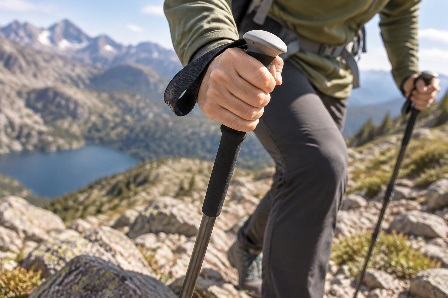 A hiker grips trekking poles while climbing a rocky mountain trail above a lake.