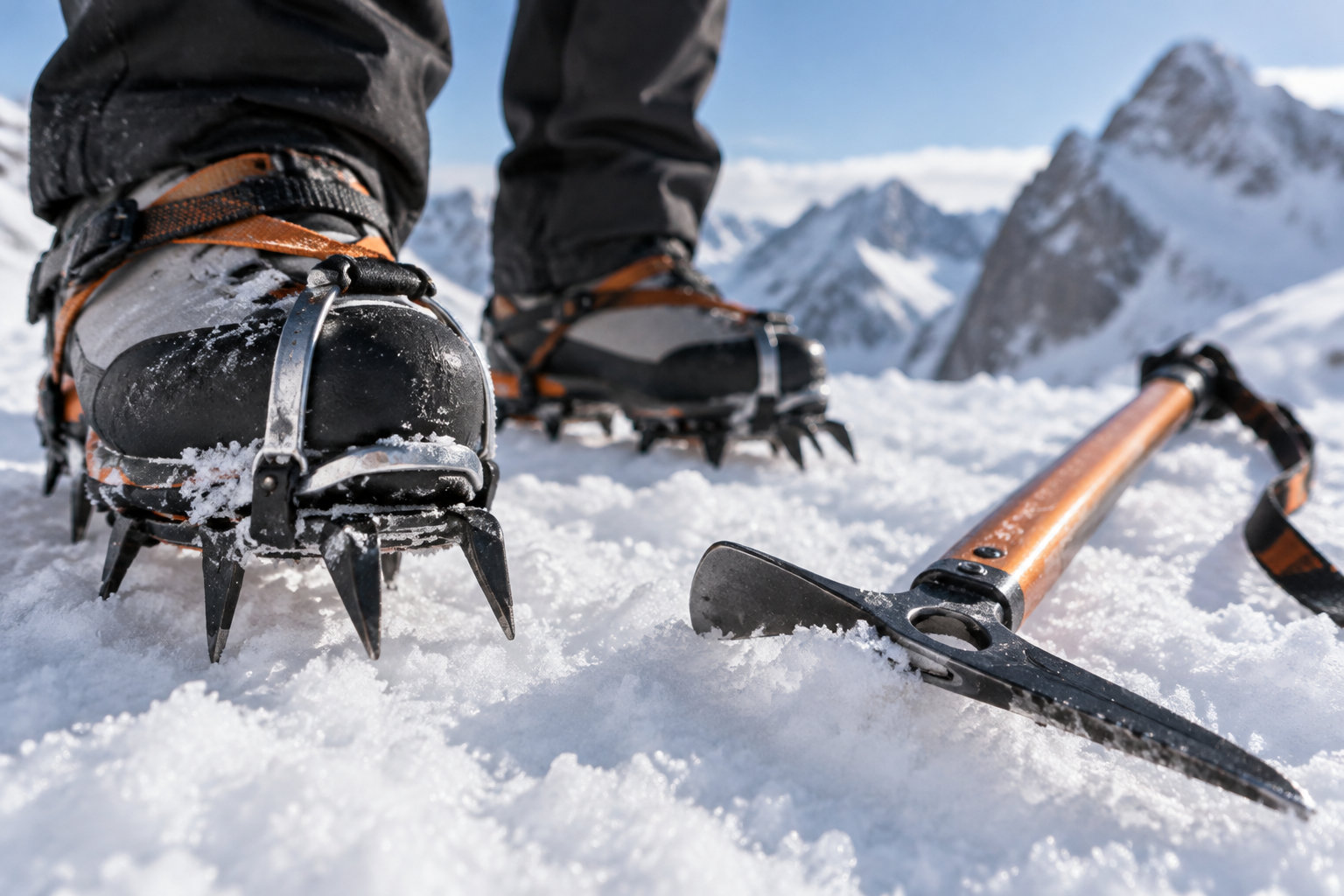 A climber wearing crampon-equipped boots stands in the snow beside an ice axe, with snowy mountain peaks in the background.
