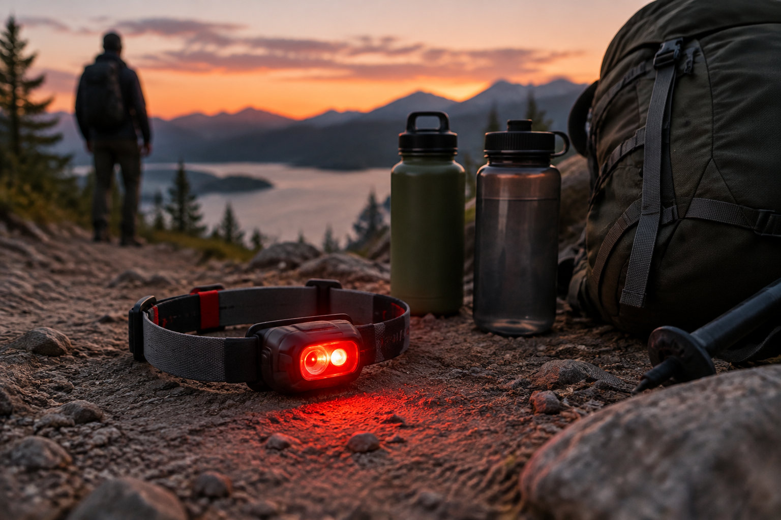 A glowing red headlamp, two water bottles, and a backpack lie on rocky ground as a hiker looks out over a lake and mountains at sunset.
