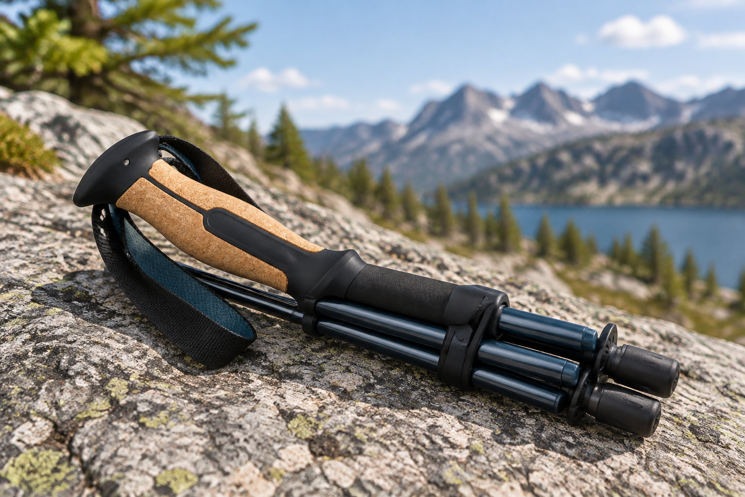 A pair of folded trekking poles rests on a rocky outcrop overlooking a mountain lake and peaks.