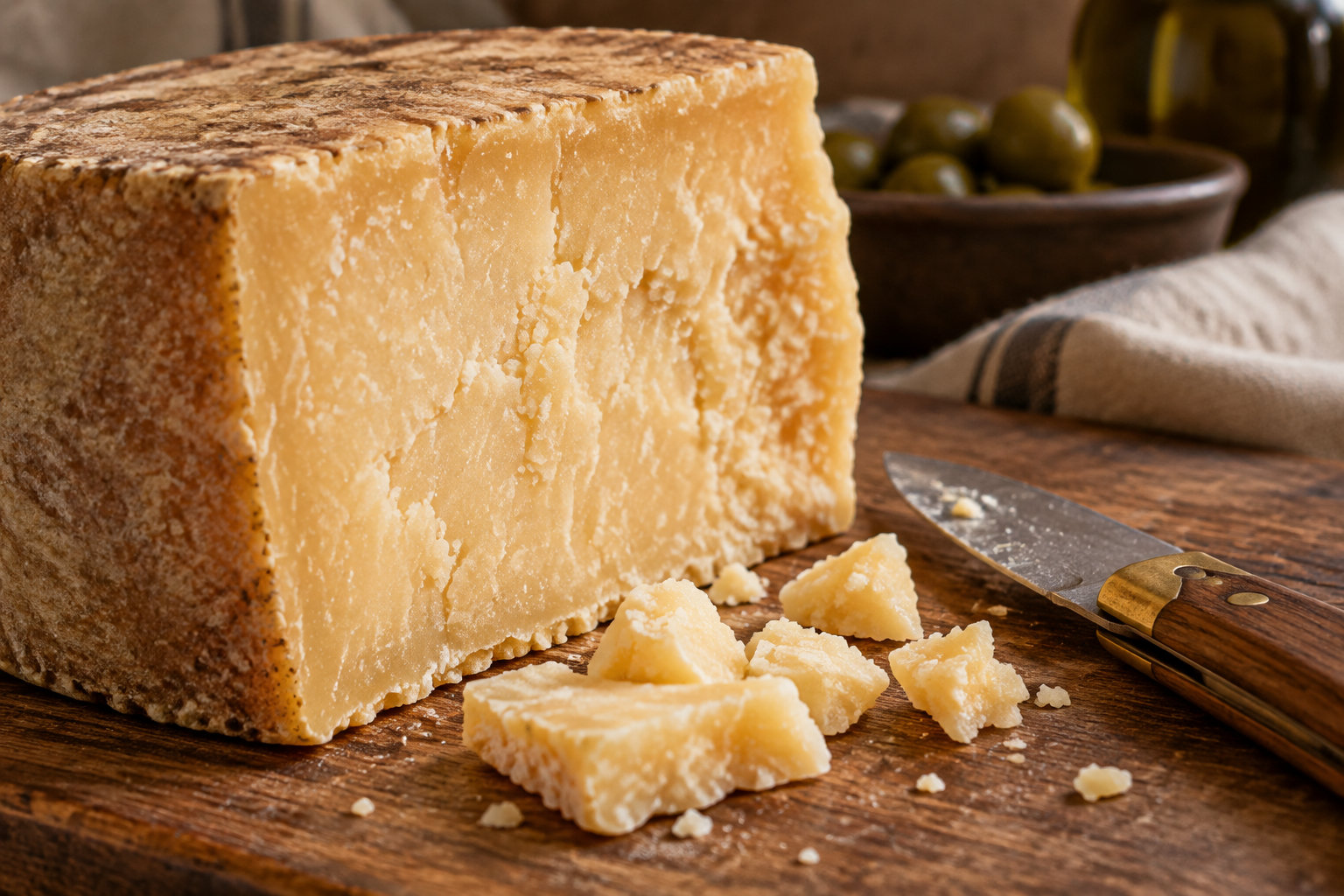A large block of hard cheese and several broken pieces sit on a wooden board beside a knife, with a bowl of olives and a folded cloth in the background.