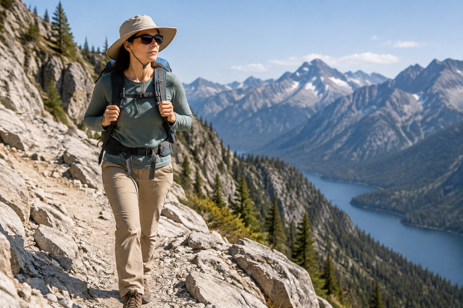 A woman wearing a sun hat and sunglasses hikes along a rocky mountain trail, with a forested lake and rugged peaks in the background.