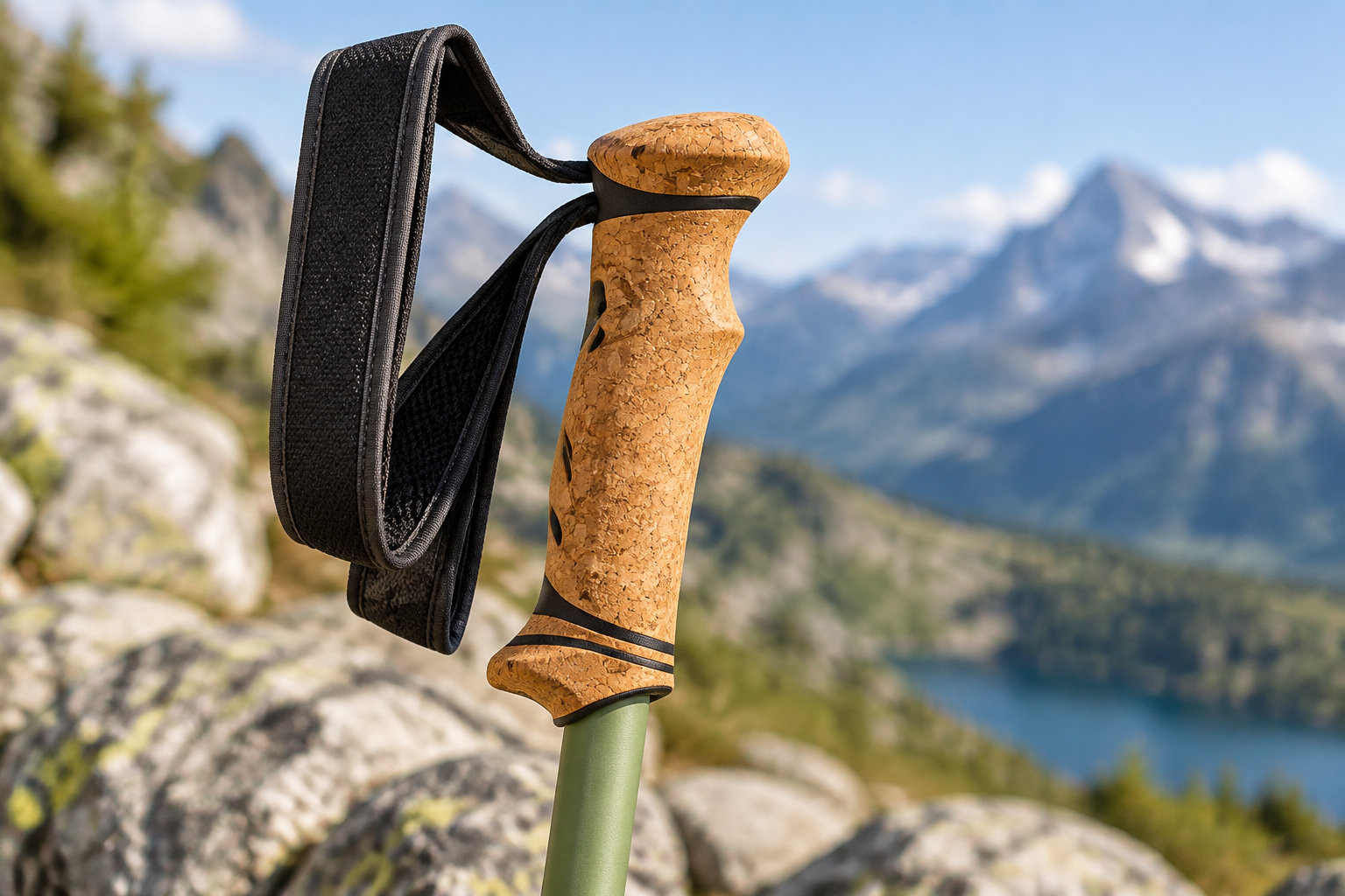 A trekking pole with a cork handle and black wrist strap stands against a rocky mountain landscape with a lake in the distance.