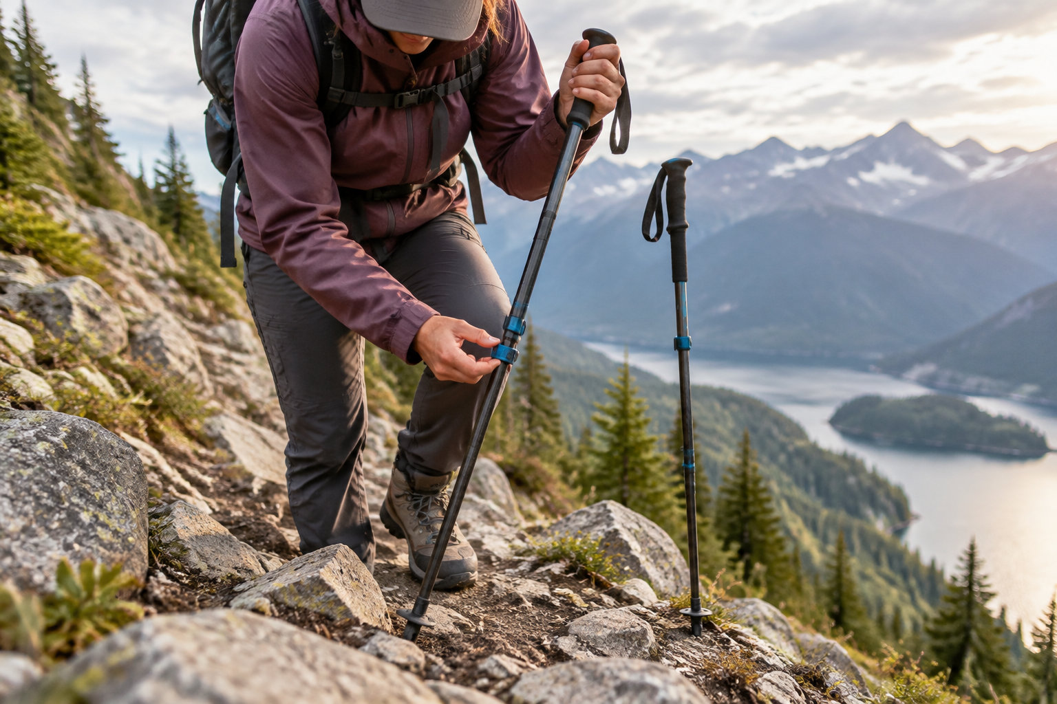 A hiker adjusts a trekking pole while climbing a rocky mountain trail, with a lake and mountain range in the background.